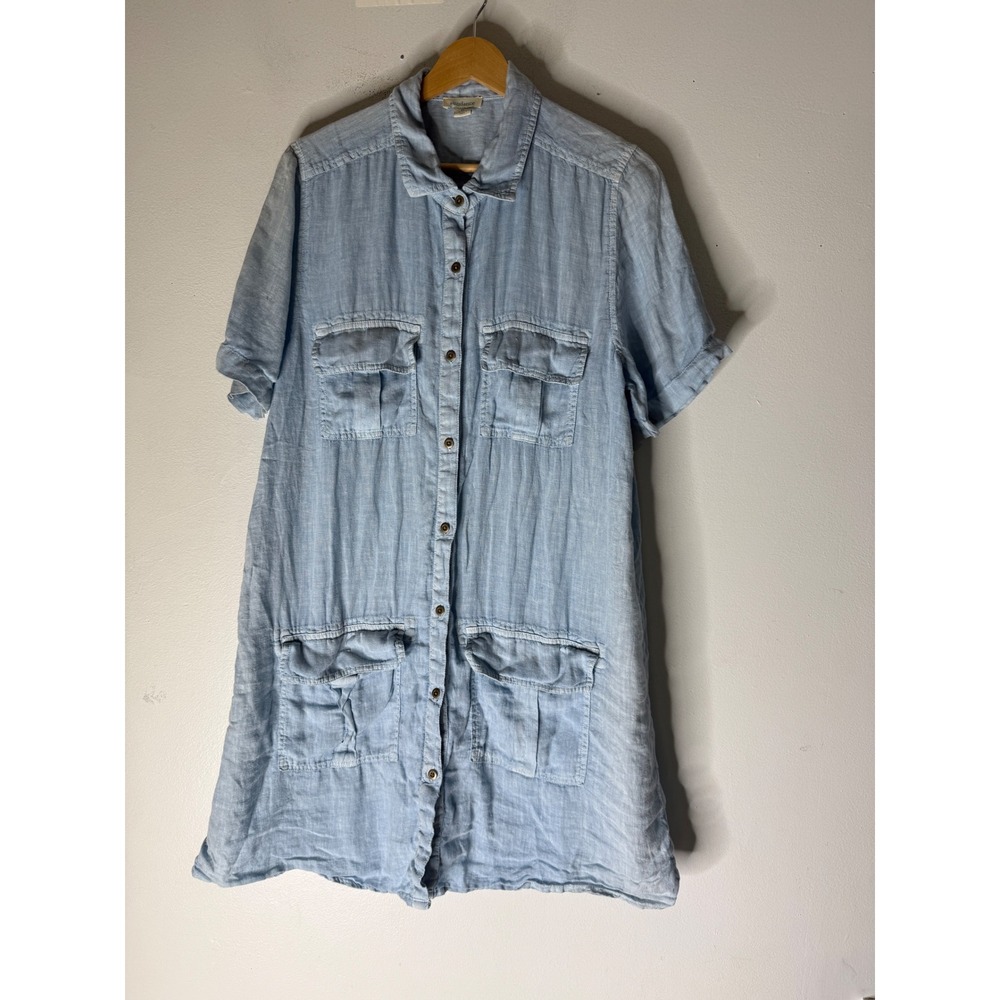 Sundance Light Blue 100% Linen Short Sleeve Button Down Shirt dress pockets M